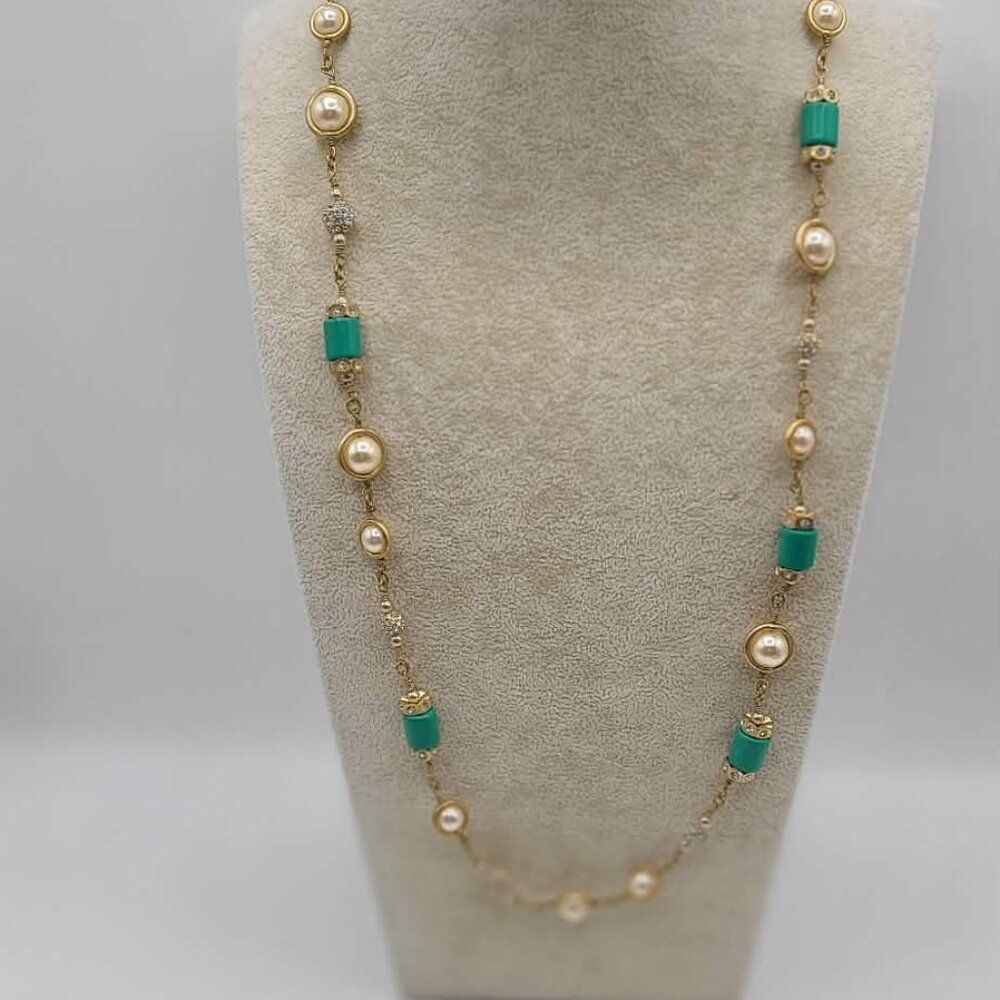 J Crew Gold Tone Faux Pearl and Turquoise Bead long Necklace